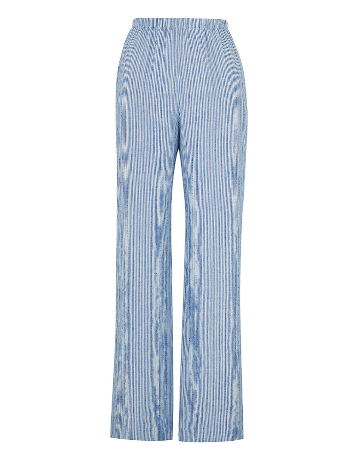 a web still of white and blue vertical striped trousers with an elastic waist and wide leg style. 