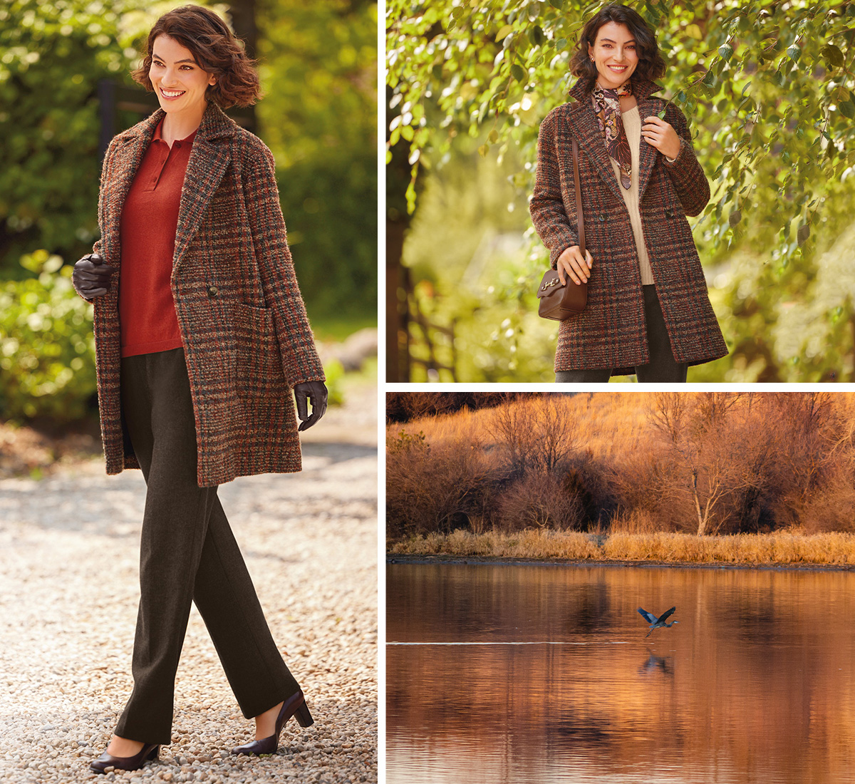 a rust and grey checked coat, soft tailored and smart for the autumn season