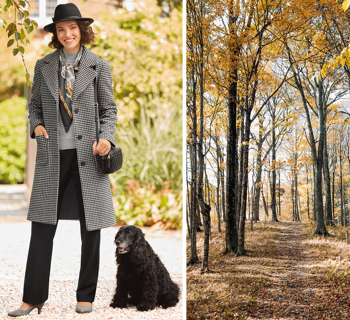 a dogtooth coat in a black and white wool blend jacket
